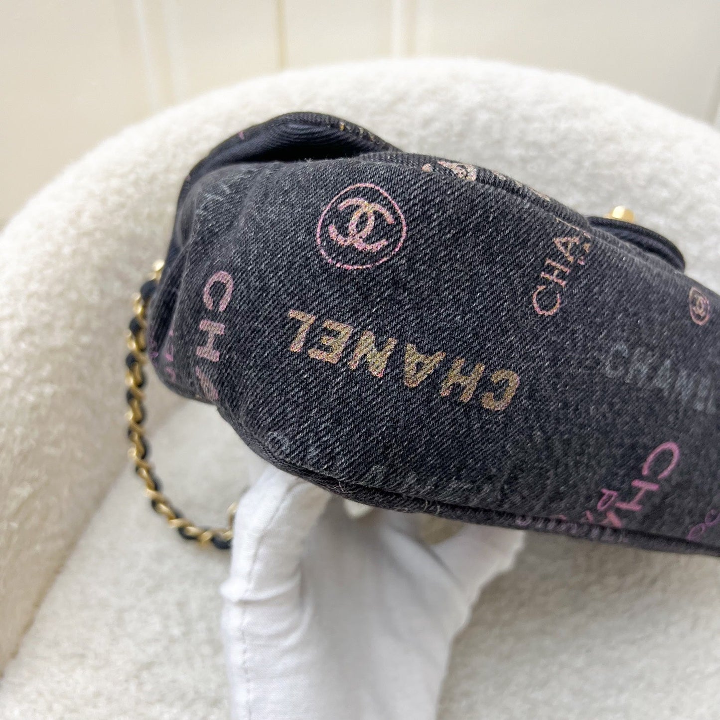 Chanel 22P Denim Mood Small Flap Bag in Black Printed Denim and AGHW