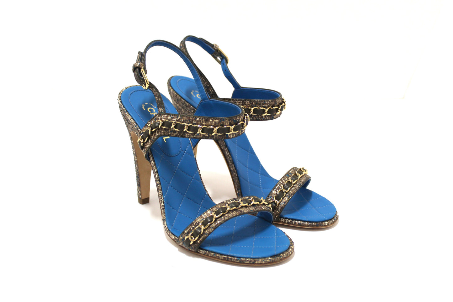 NEW Chanel Blue Leather and Tweed Chain Strap Sandal Heel Shoes Size 37