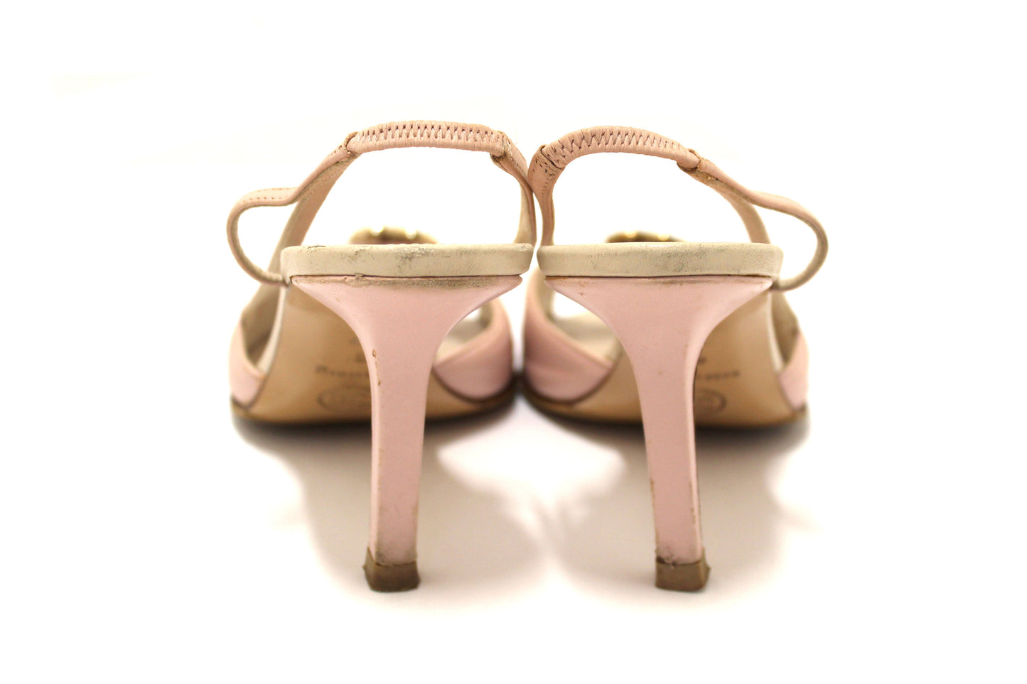 Chanel Vintage Pink/White Leather Slingback Sandal Heel Shoes Size 37
