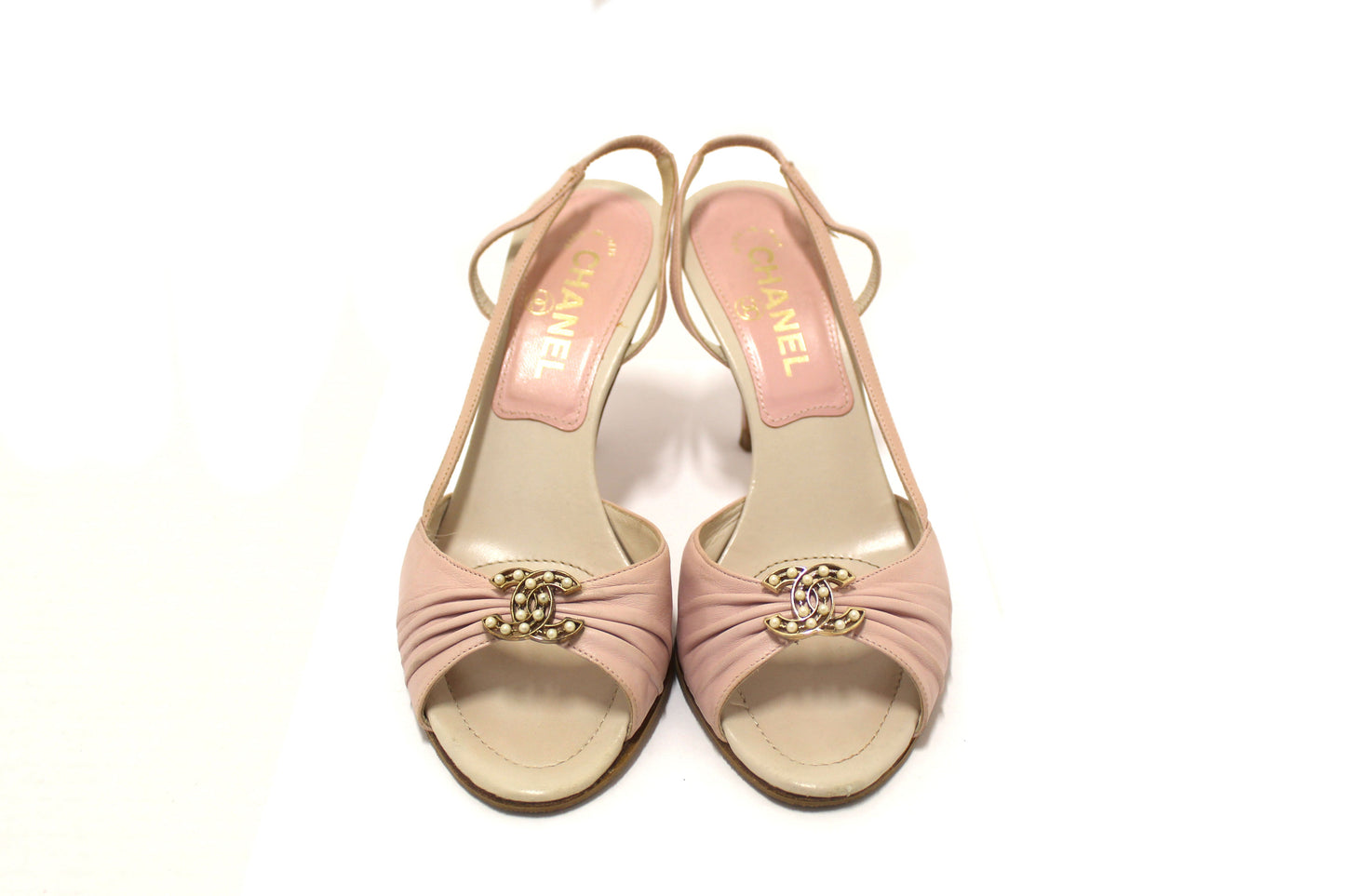 Chanel Vintage Pink/White Leather Slingback Sandal Heel Shoes Size 37