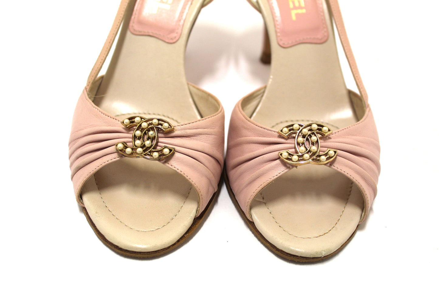 Chanel Vintage Pink/White Leather Slingback Sandal Heel Shoes Size 37
