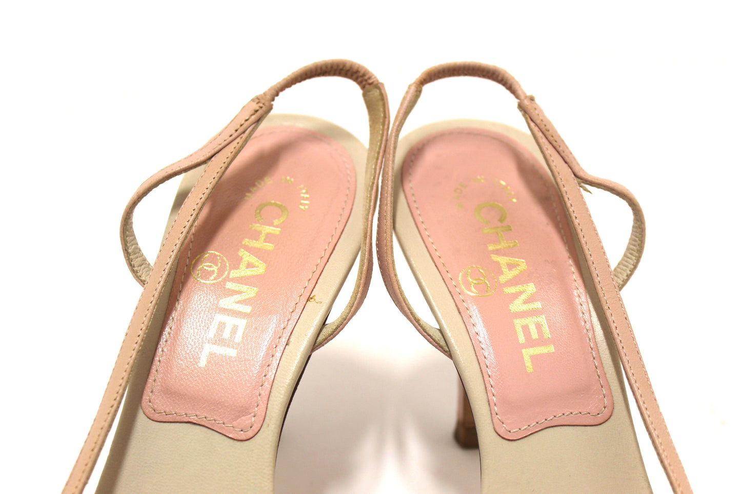 Chanel Vintage Pink/White Leather Slingback Sandal Heel Shoes Size 37