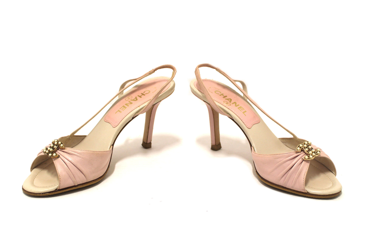 Chanel Vintage Pink/White Leather Slingback Sandal Heel Shoes Size 37