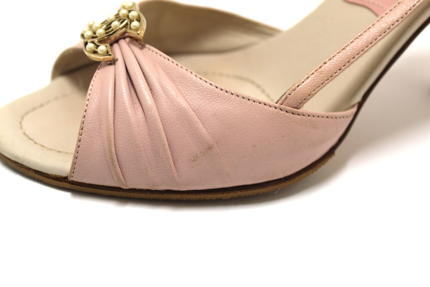Chanel Vintage Pink/White Leather Slingback Sandal Heel Shoes Size 37
