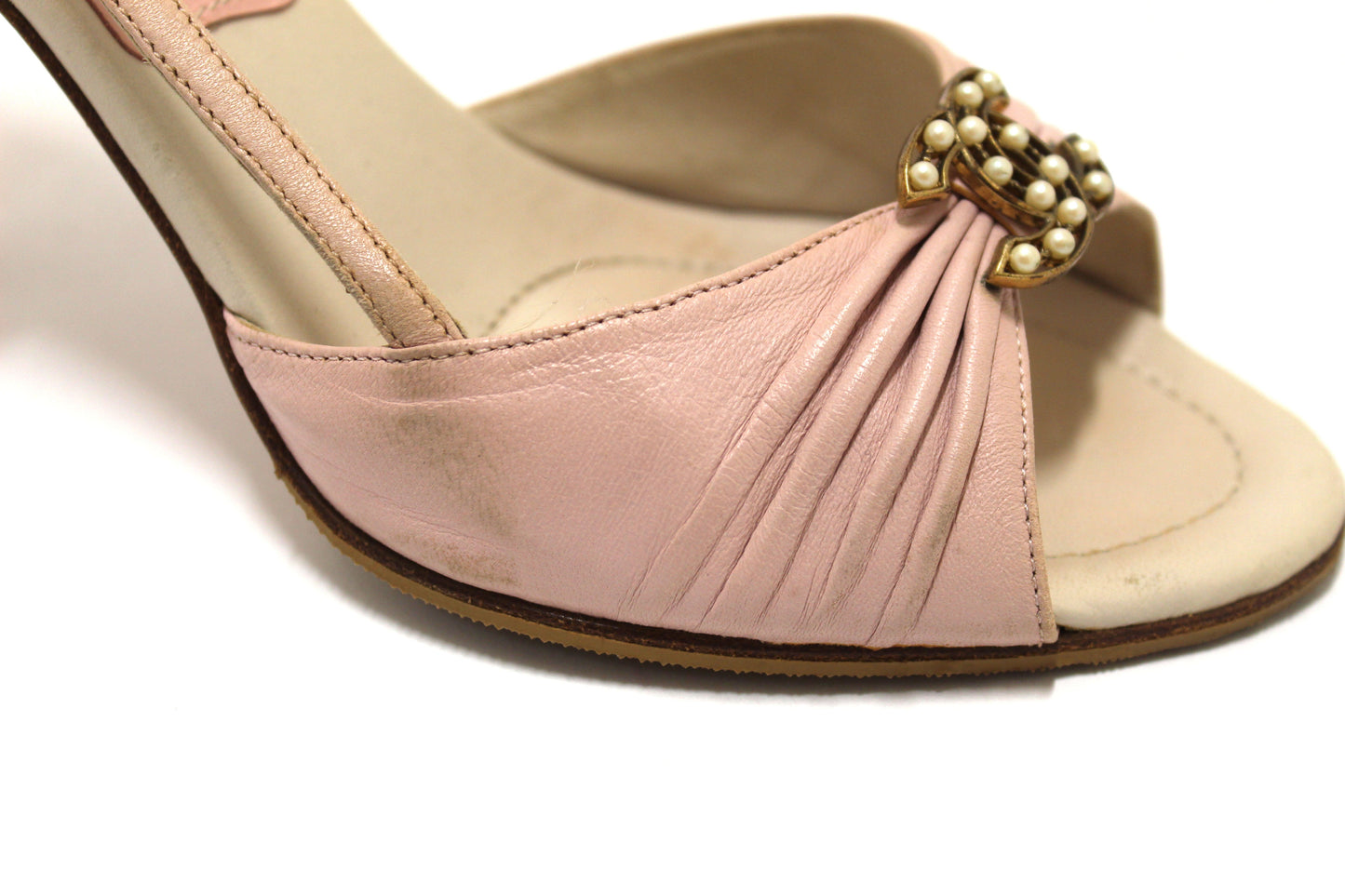 Chanel Vintage Pink/White Leather Slingback Sandal Heel Shoes Size 37