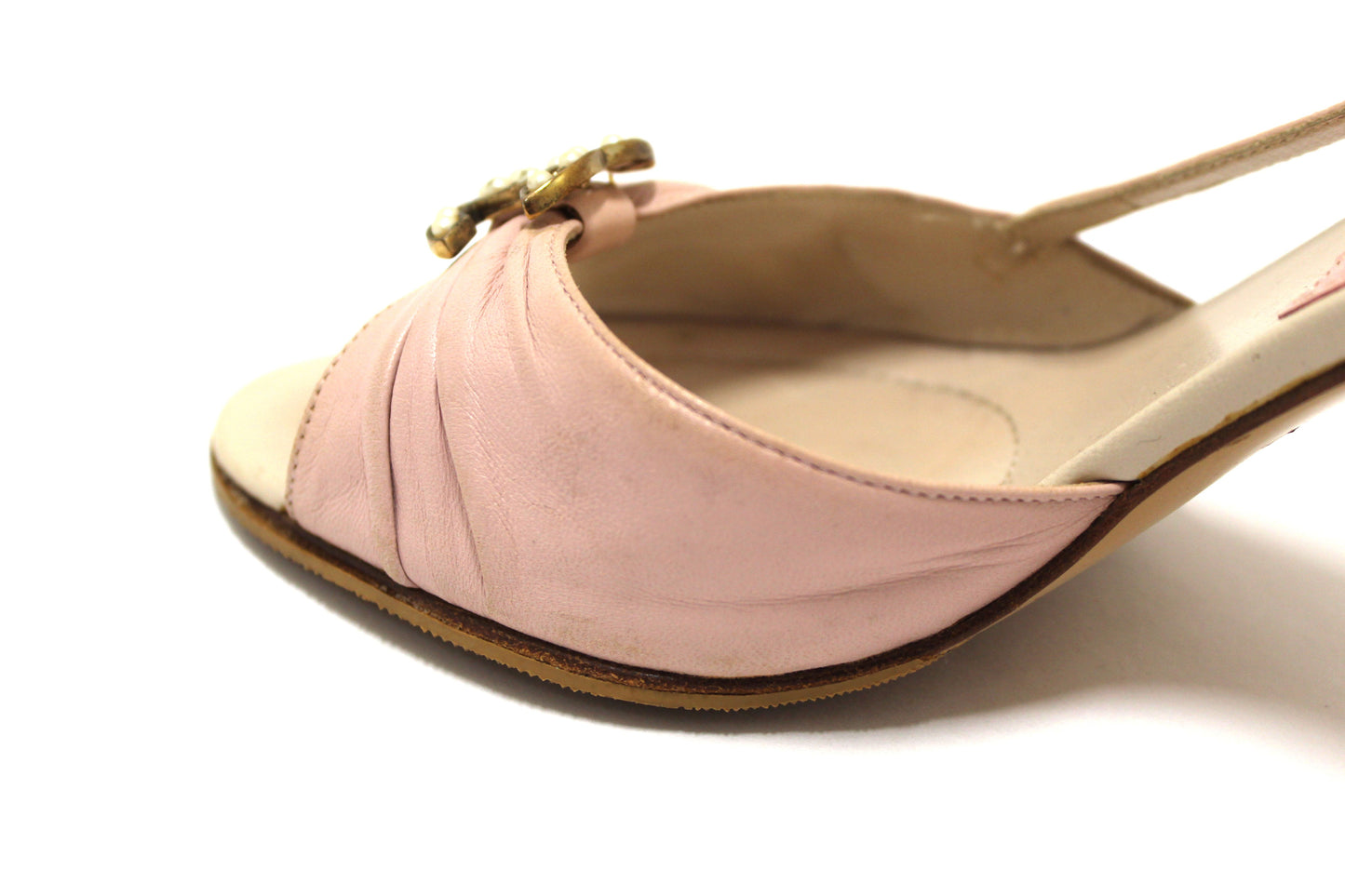 Chanel Vintage Pink/White Leather Slingback Sandal Heel Shoes Size 37