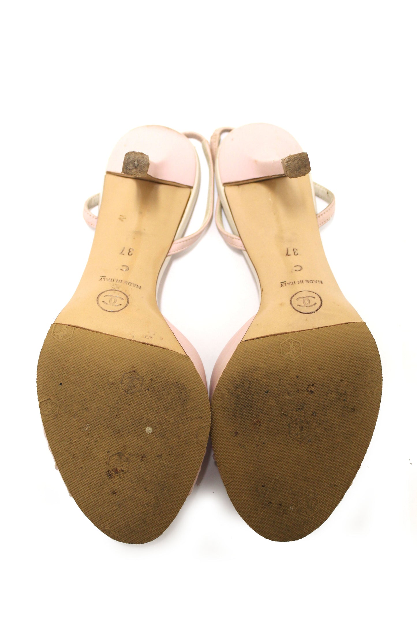 Chanel Vintage Pink/White Leather Slingback Sandal Heel Shoes Size 37