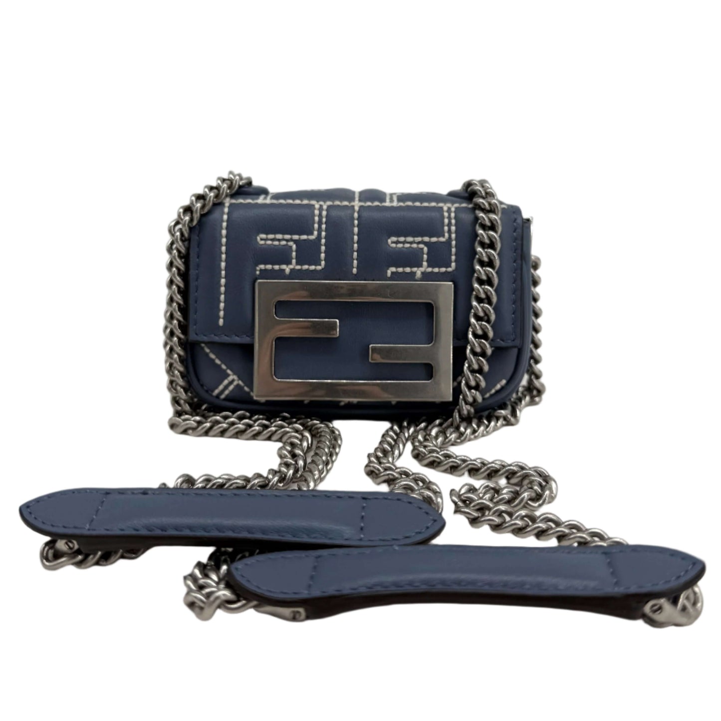 Fendi Blue Embossed Stitched Leather Nano Baguette Chain Crossbody Bag –  Pre-Owned
