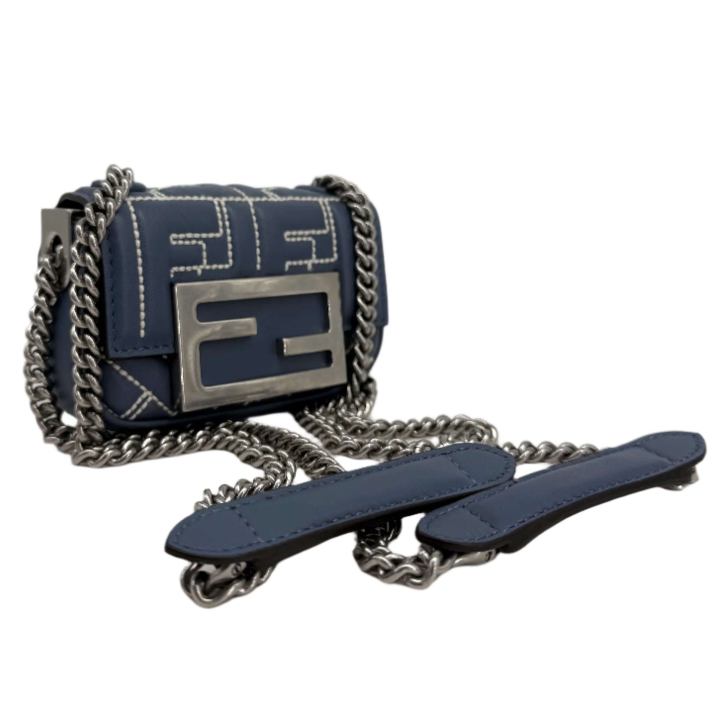 Fendi Blue Embossed Stitched Leather Nano Baguette Chain Crossbody Bag –  Pre-Owned