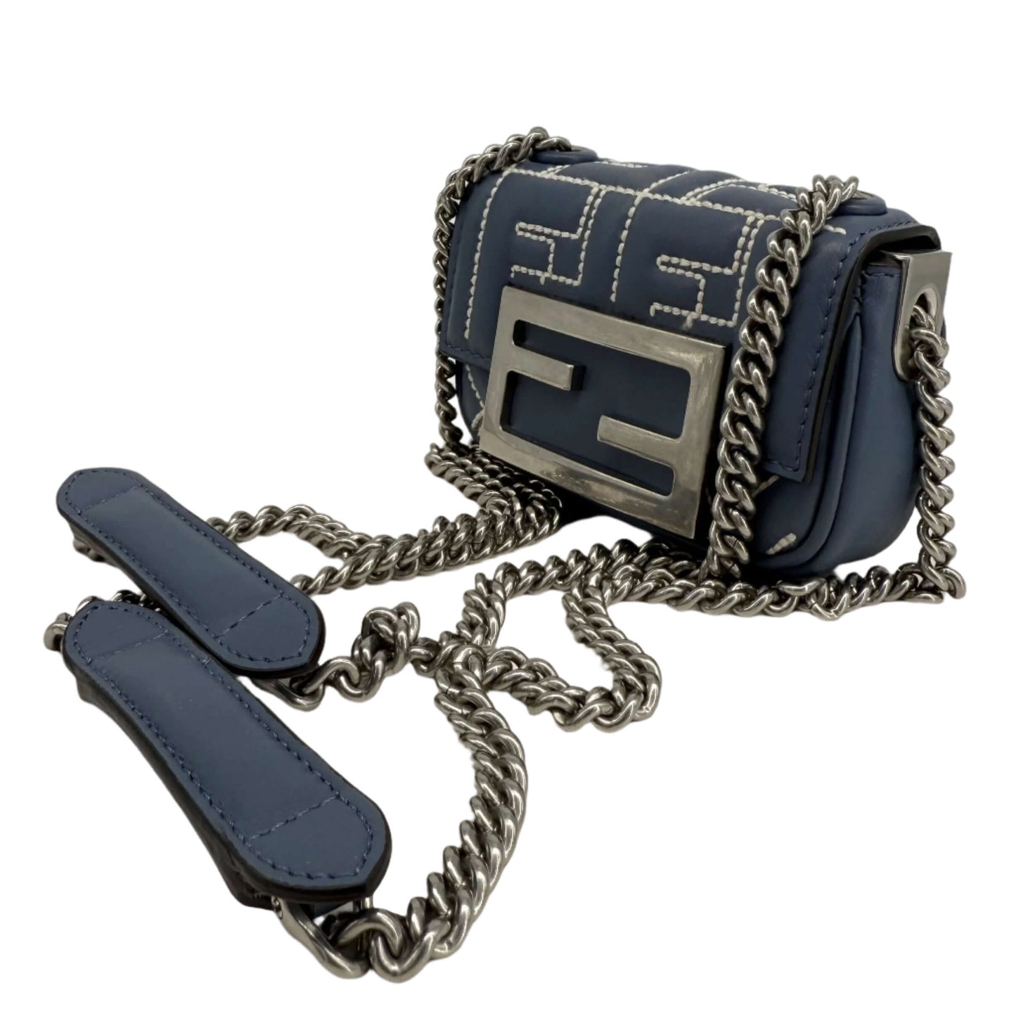Fendi Blue Embossed Stitched Leather Nano Baguette Chain Crossbody Bag –  Pre-Owned