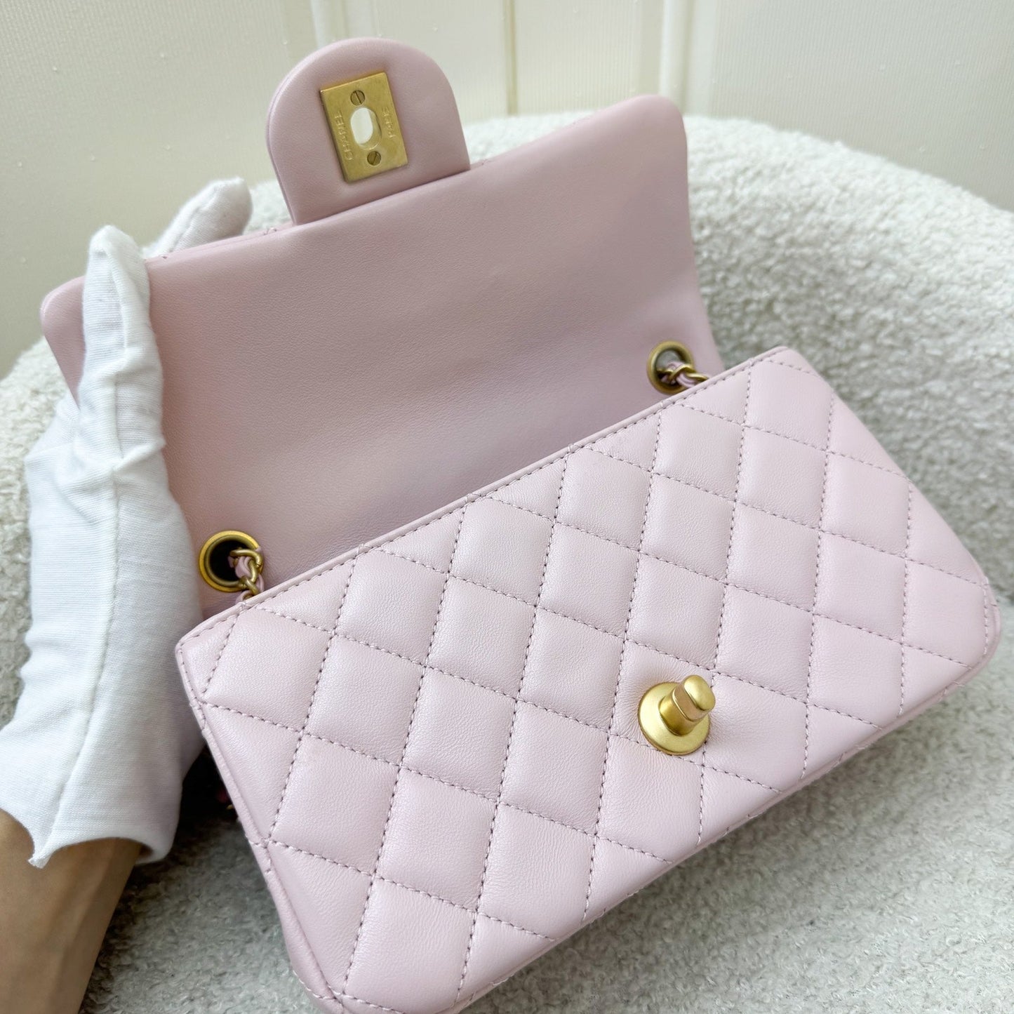 Chanel Pearl Crush Mini Rectangle Flap in 24K Sakura Pink Stiff Lambskin and AGHW (Model: AS1787)