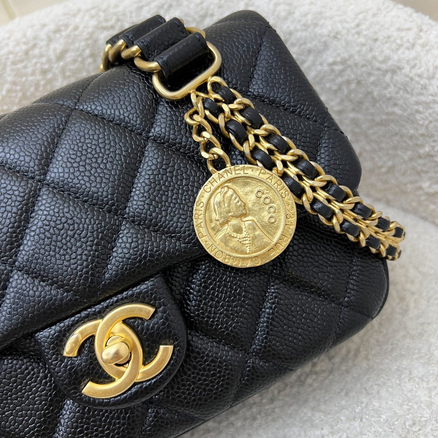 Chanel 21A Medallion Small Flap in Black Caviar and AGHW (Model: AS2528)