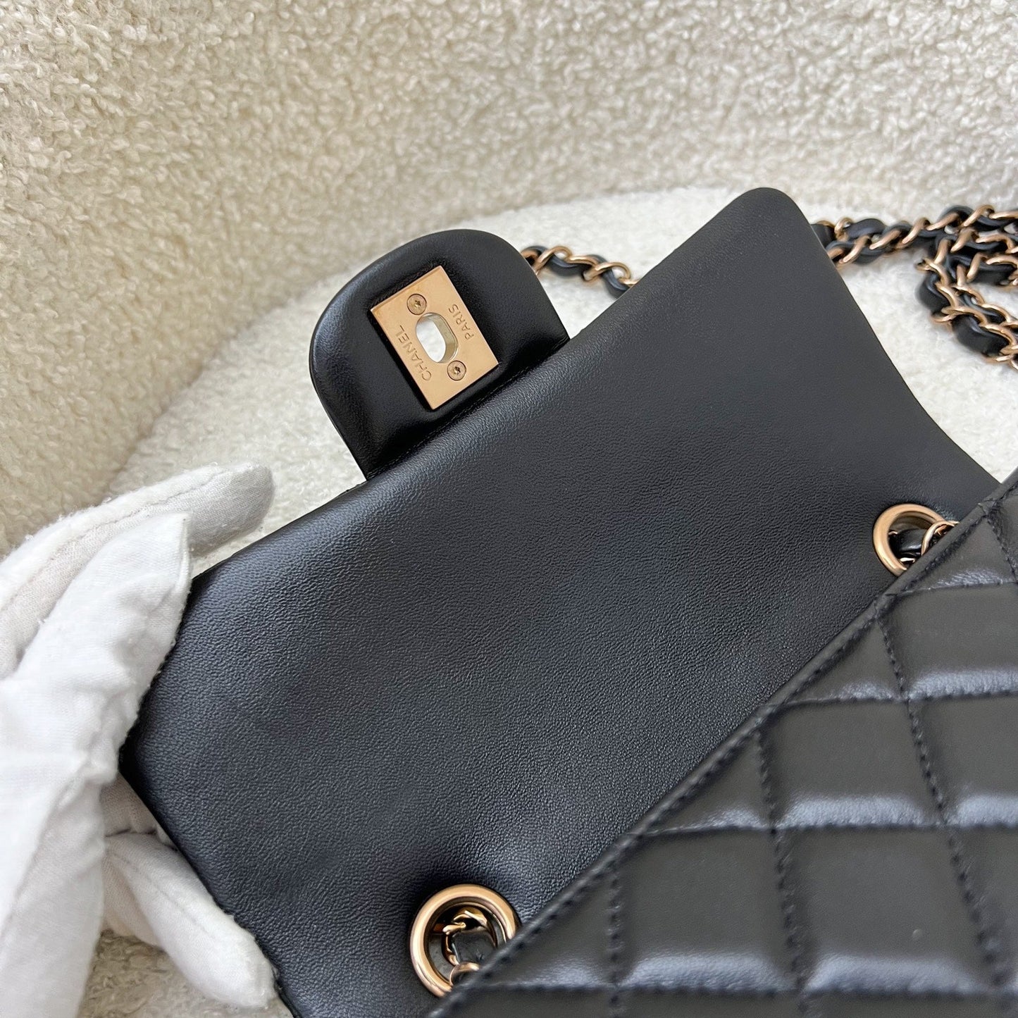 Chanel Mini Rectangle Classic Flap in Black Lambskin and Rose Gold HW