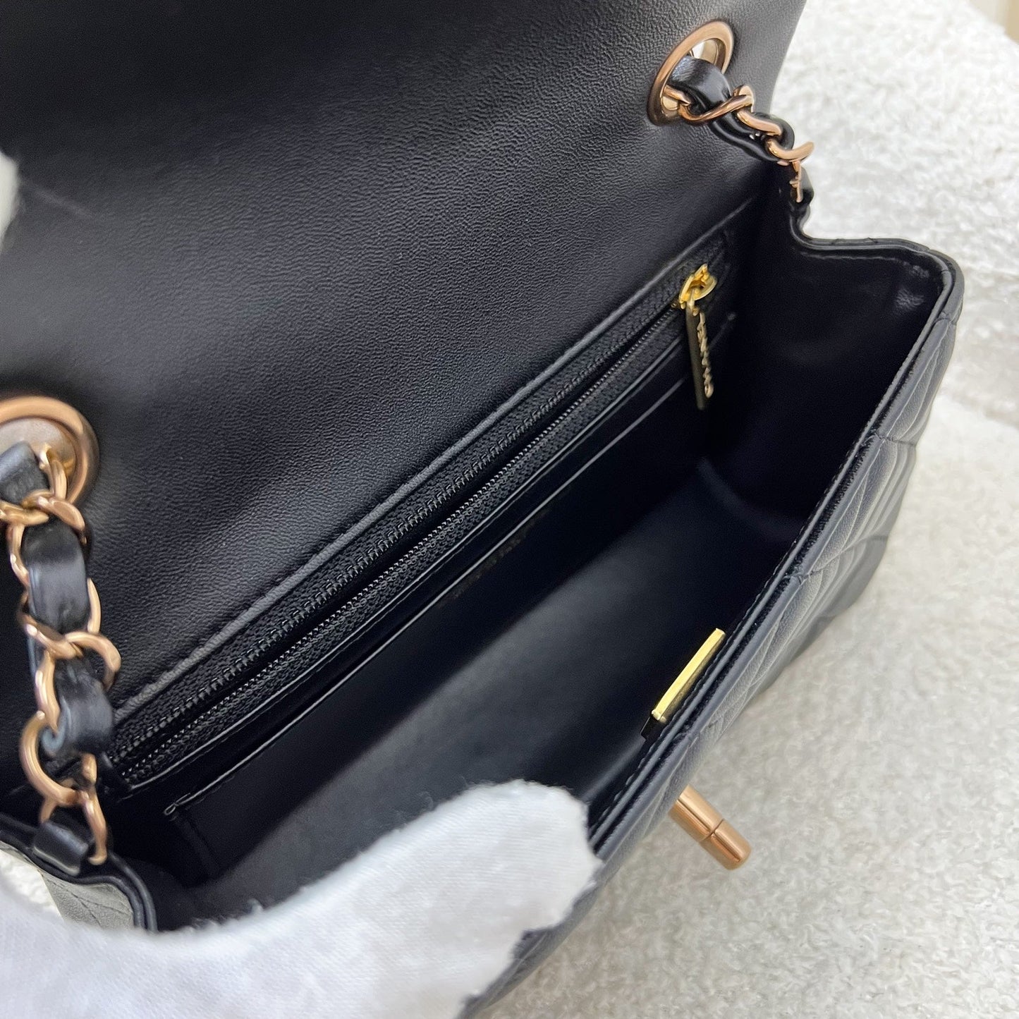 Chanel Mini Rectangle Classic Flap in Black Lambskin and Rose Gold HW