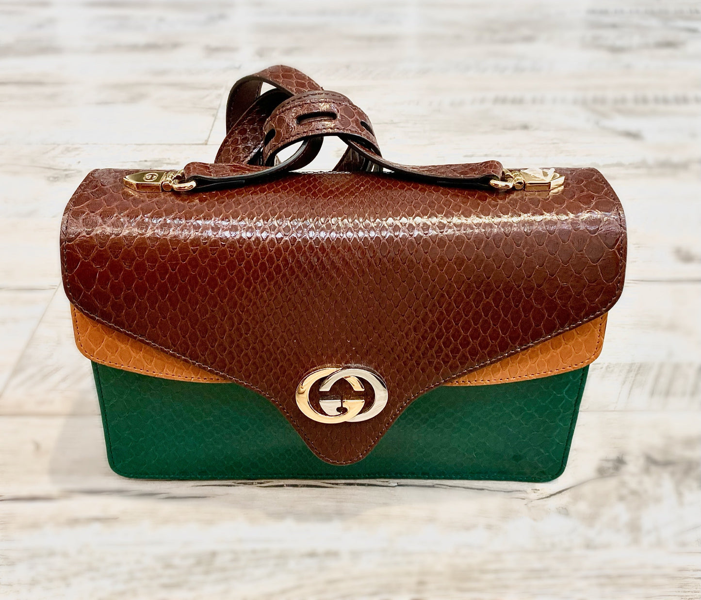 GUCCI GG PYTHON TRICOLOR ACCORDION SHOULDER BAG-HS