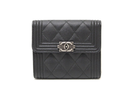 NEW  Chanel Black Quilted Caviar Leather Boy Small Trifold Wallet