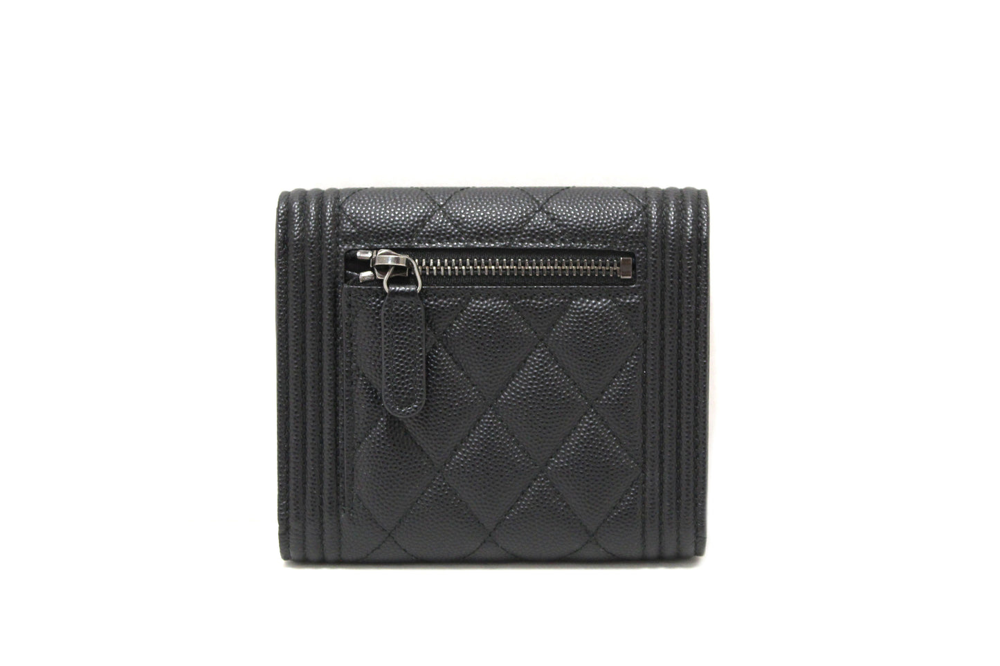NEW  Chanel Black Quilted Caviar Leather Boy Small Trifold Wallet