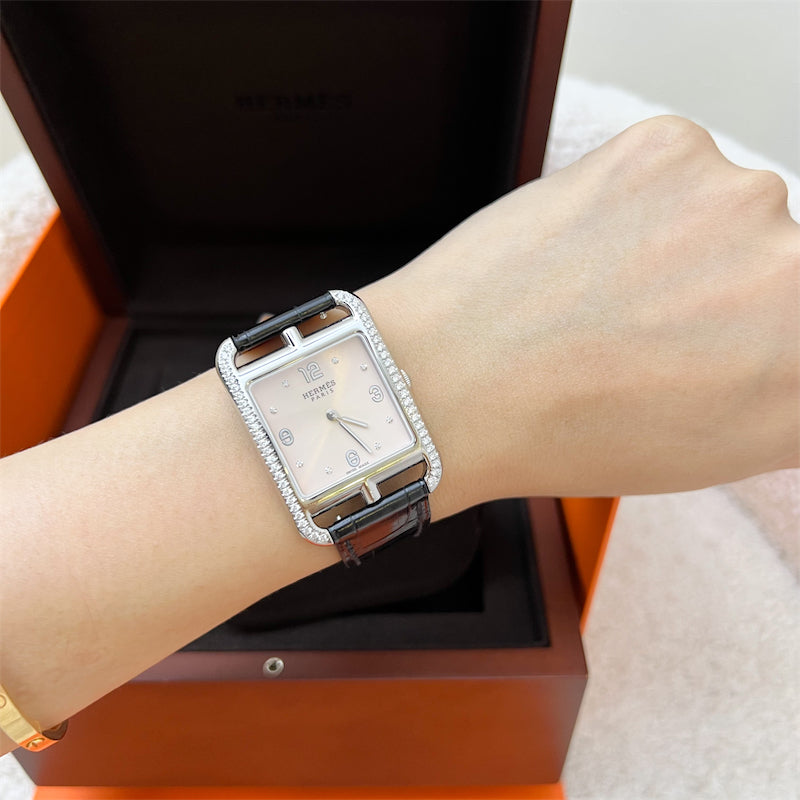 Hermes Cape Cod PM 37mm Quartz Watch with Diamonds and Rose Pale Alligator Strap + Extra Strap (Black Alligator) worth $700 (Model: CC2.732C)
