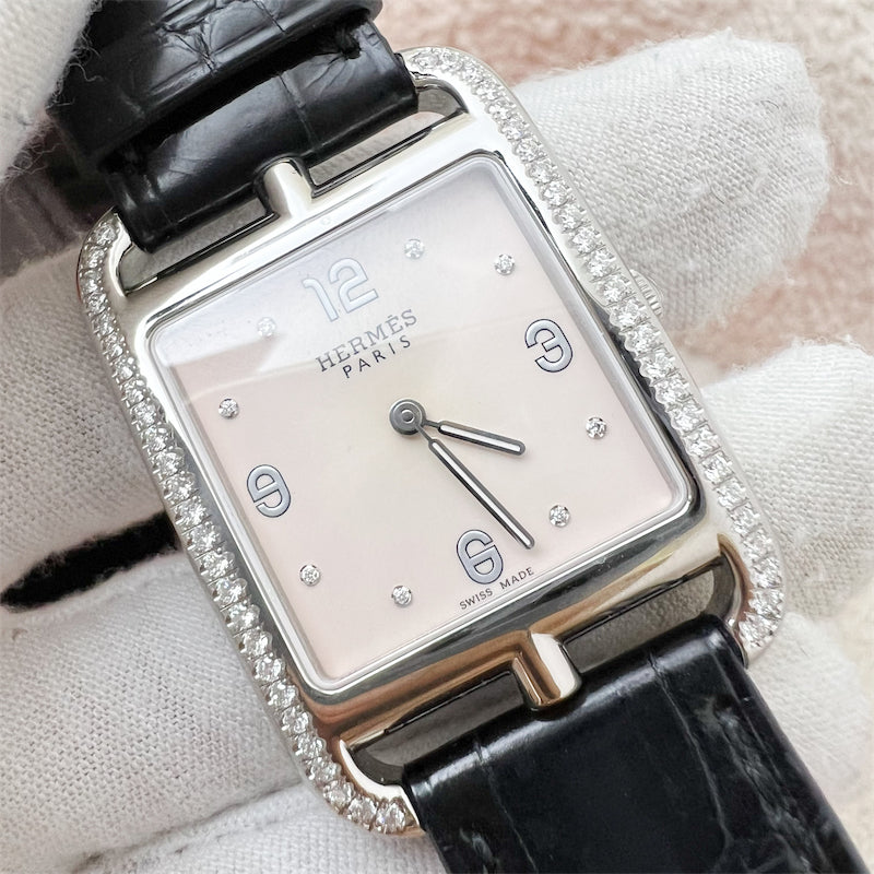Hermes Cape Cod PM 37mm Quartz Watch with Diamonds and Rose Pale Alligator Strap + Extra Strap (Black Alligator) worth $700 (Model: CC2.732C)