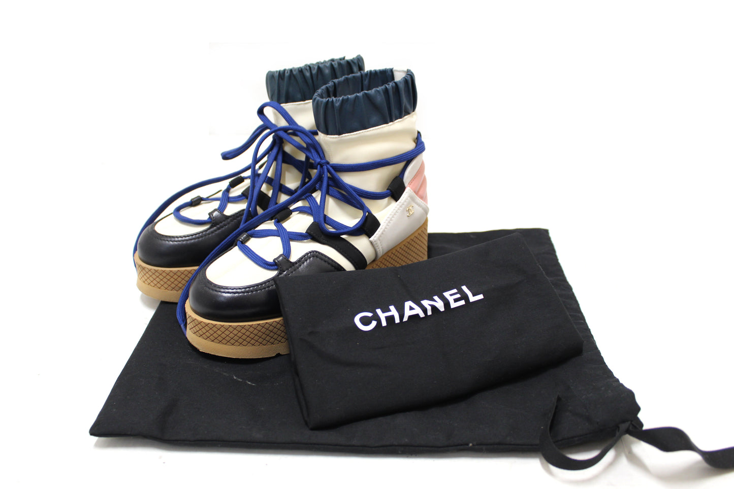 Chanel Lambskin & Mixed Fibers Ivory, Rose, Blue & Black Lace Up Platform Size 35.5 C