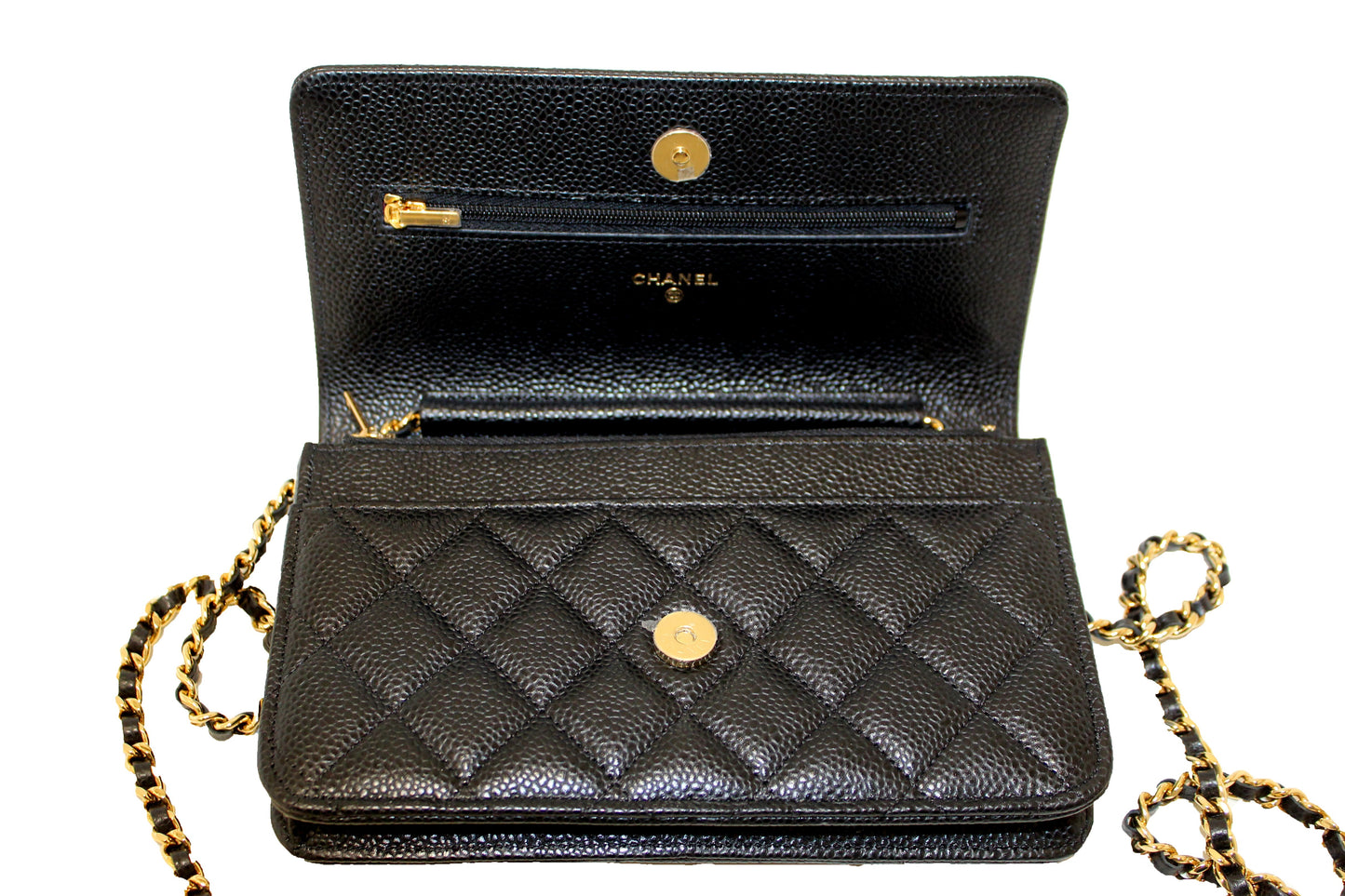 NEW Chanel Black Quilted Caviar Leather Wallet On Chain WOC Messenger Bag