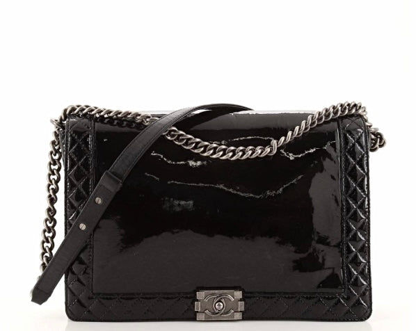 CHANEL REVERSO PATENT LEATHER LARGE BOY BAG