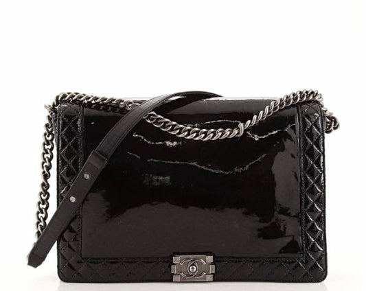CHANEL REVERSO PATENT LEATHER LARGE BOY BAG