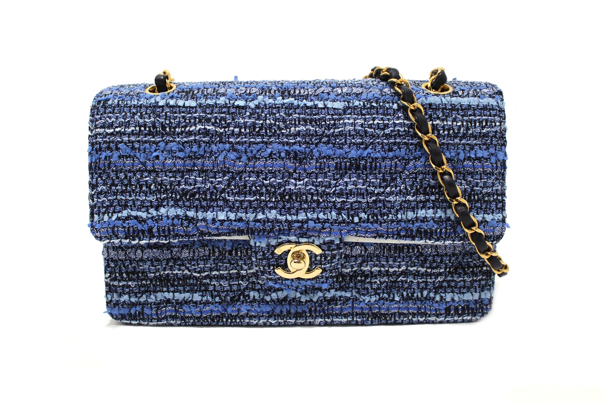 CHANEL Chanel Blue Tweed and Leather Classic Medium Double Flap Should | Havik Shop.com - Shop Now at Havik Shop.com