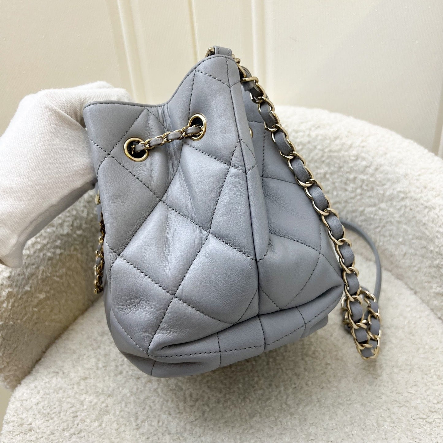Chanel Drawstring Bucket Bag in Light Grey Lambskin and LHGW (Model: AS1698)