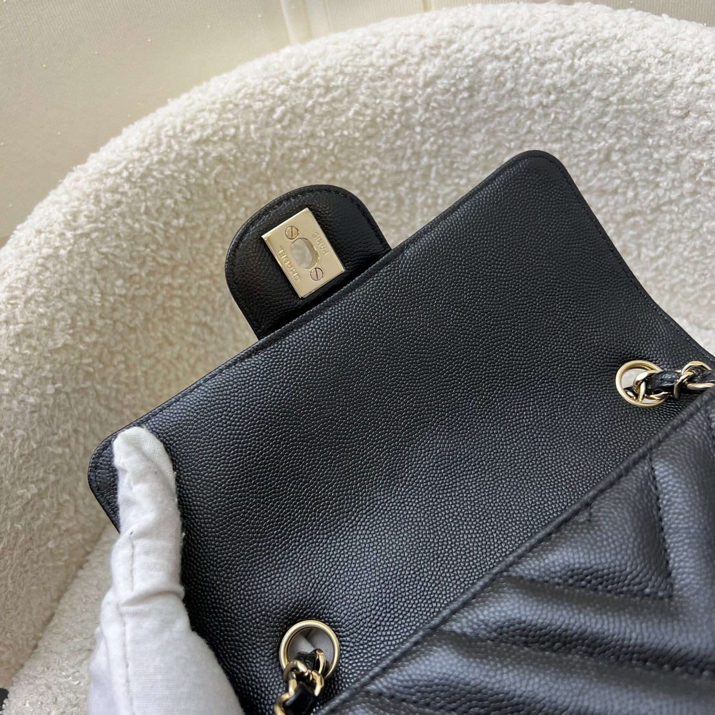 Chanel Classic Mini Rectangle Flap in Chevron Quilted Black Caviar and LGHW