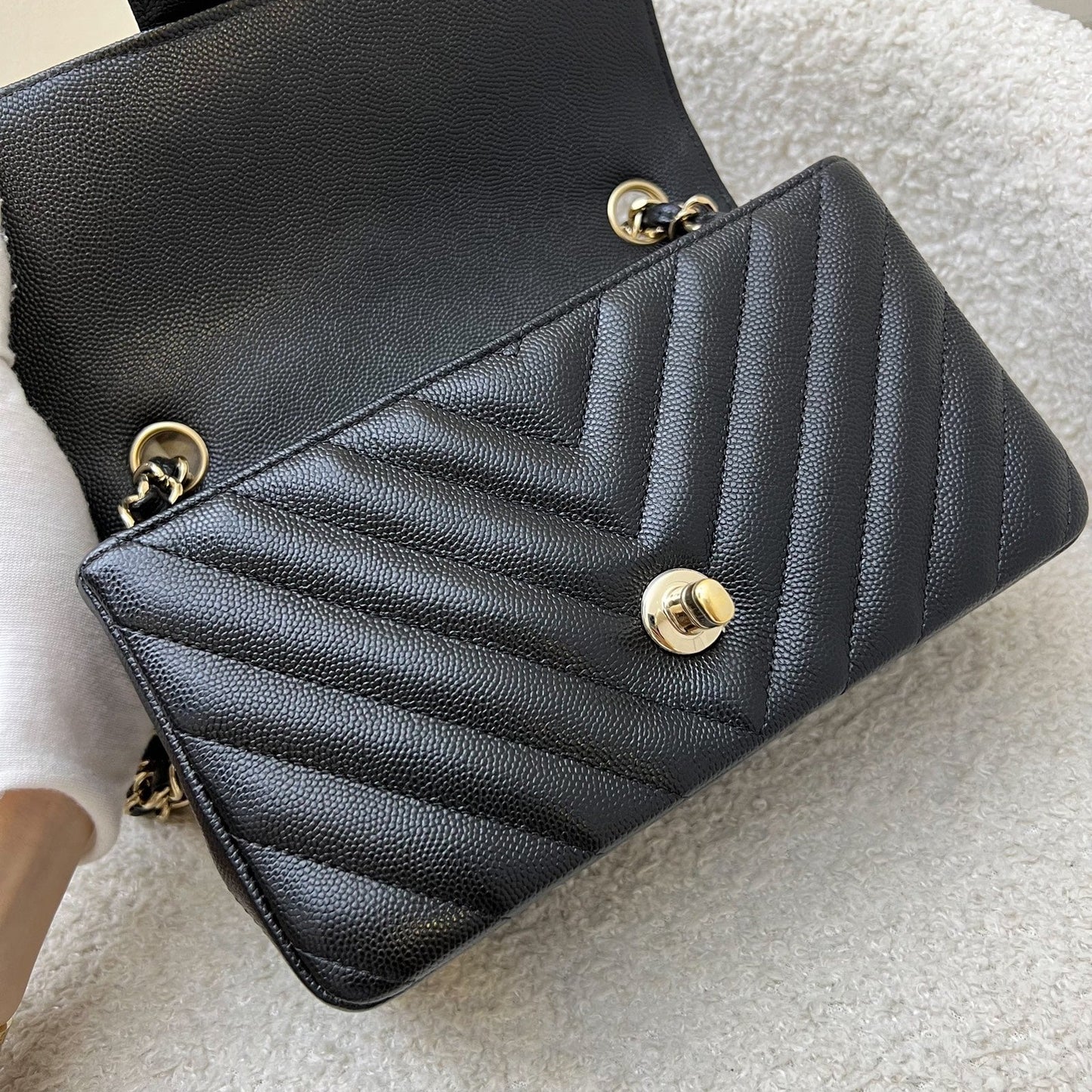 Chanel Classic Mini Rectangle Flap in Chevron Quilted Black Caviar and LGHW