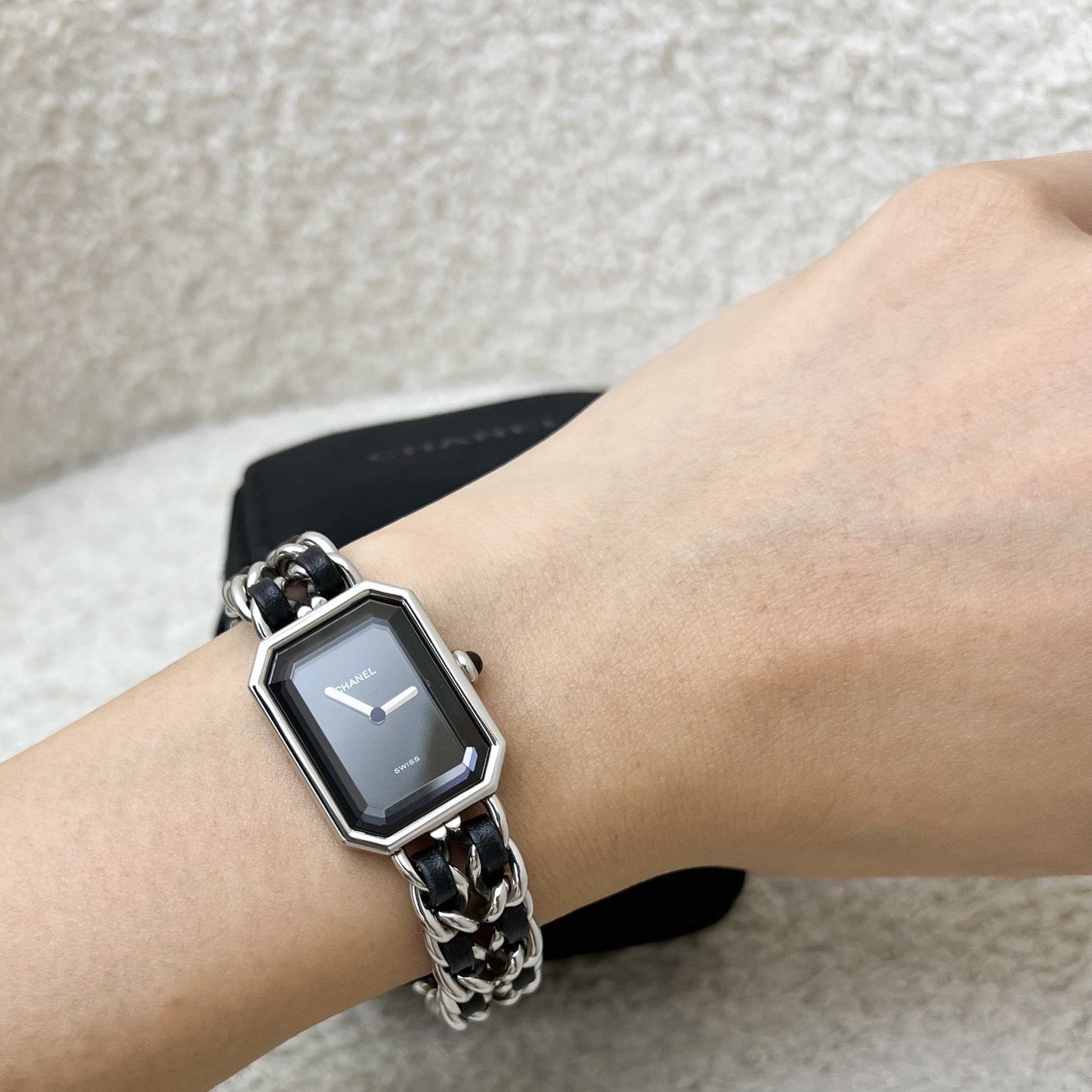 Chanel Premiere Watch in Silver Tone Steel Hardware and Black Leather Size M (Model: H0451)