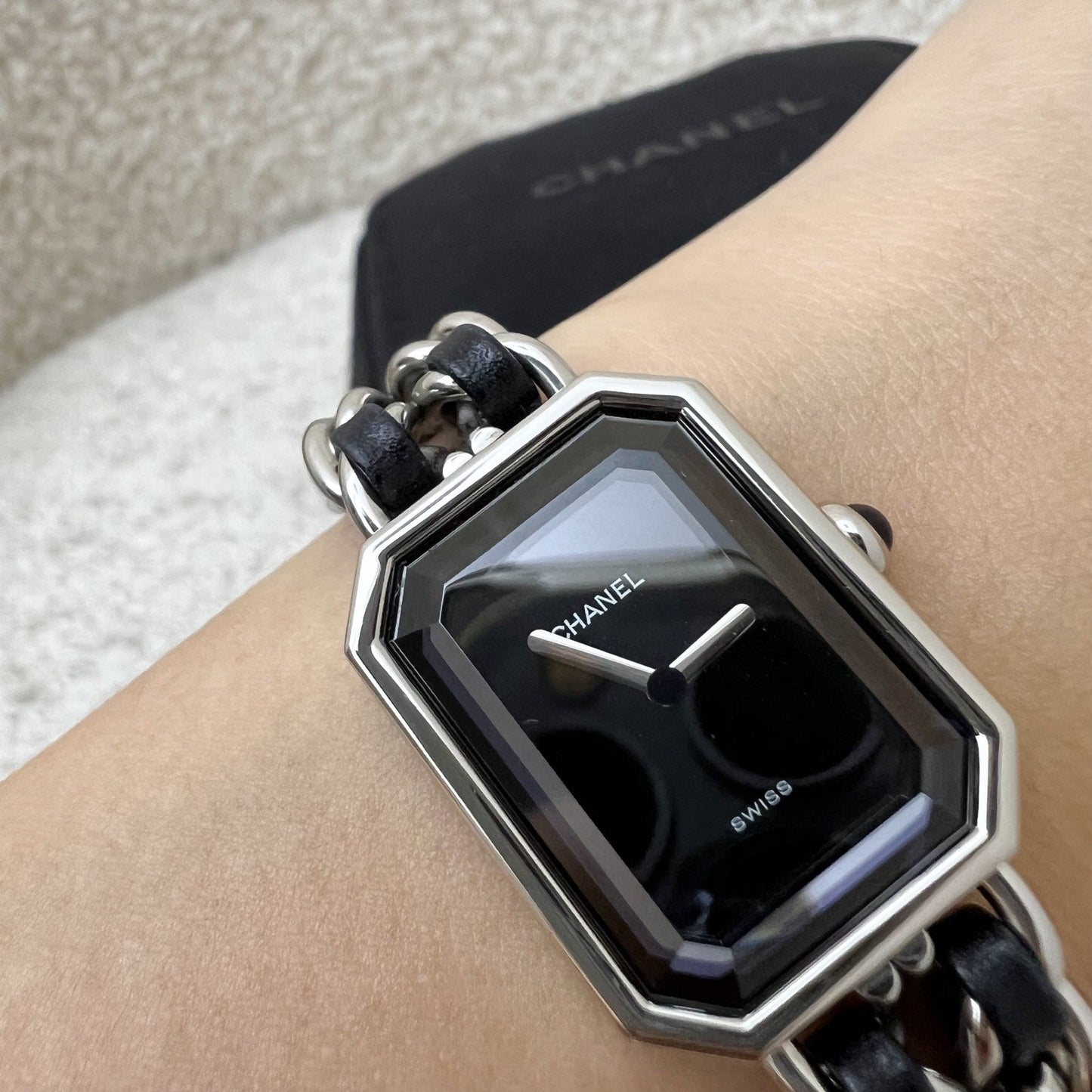 Chanel Premiere Watch in Silver Tone Steel Hardware and Black Leather Size M (Model: H0451)