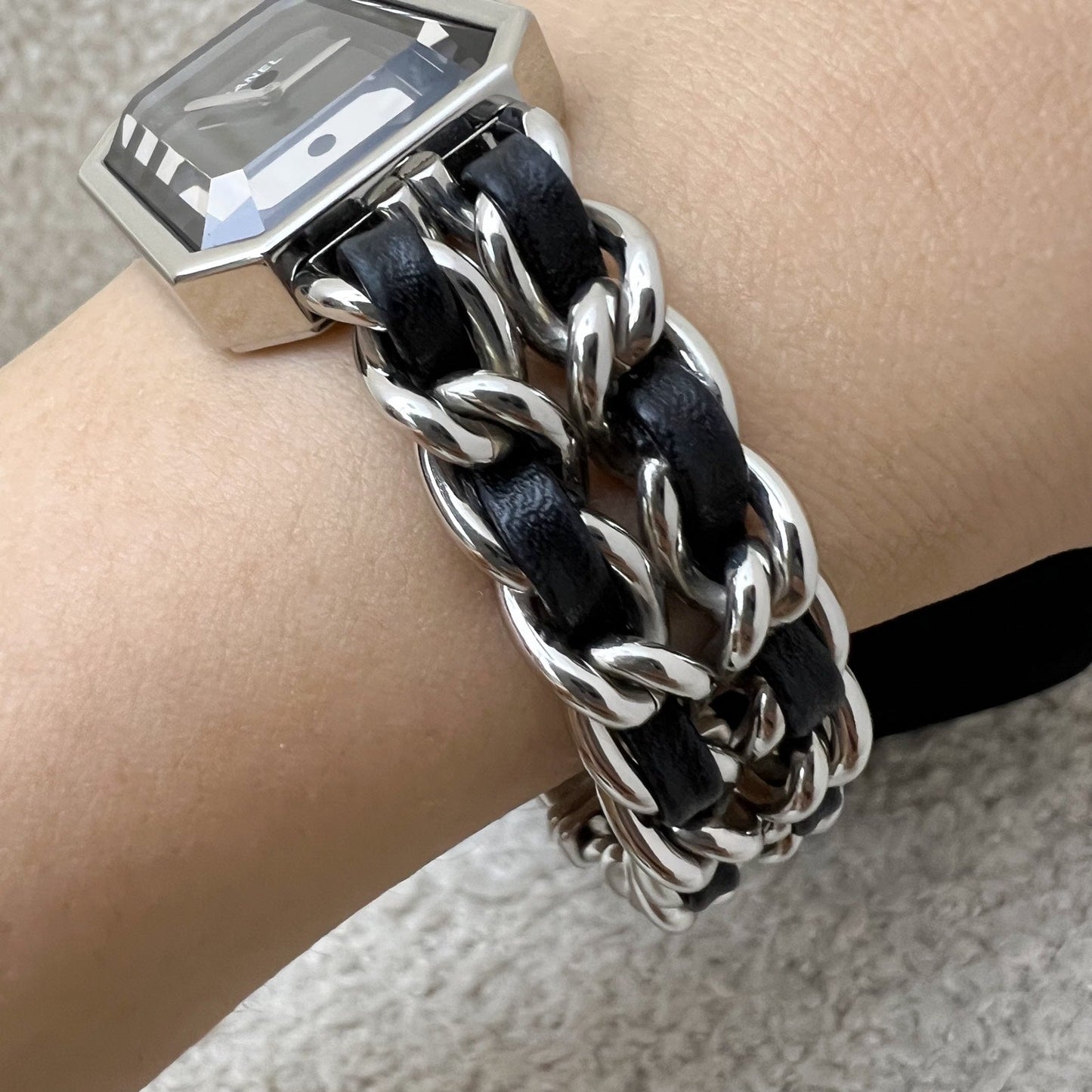 Chanel Premiere Watch in Silver Tone Steel Hardware and Black Leather Size M (Model: H0451)