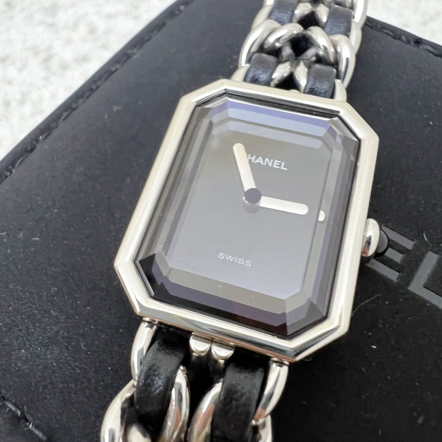 Chanel Premiere Watch in Silver Tone Steel Hardware and Black Leather Size M (Model: H0451)