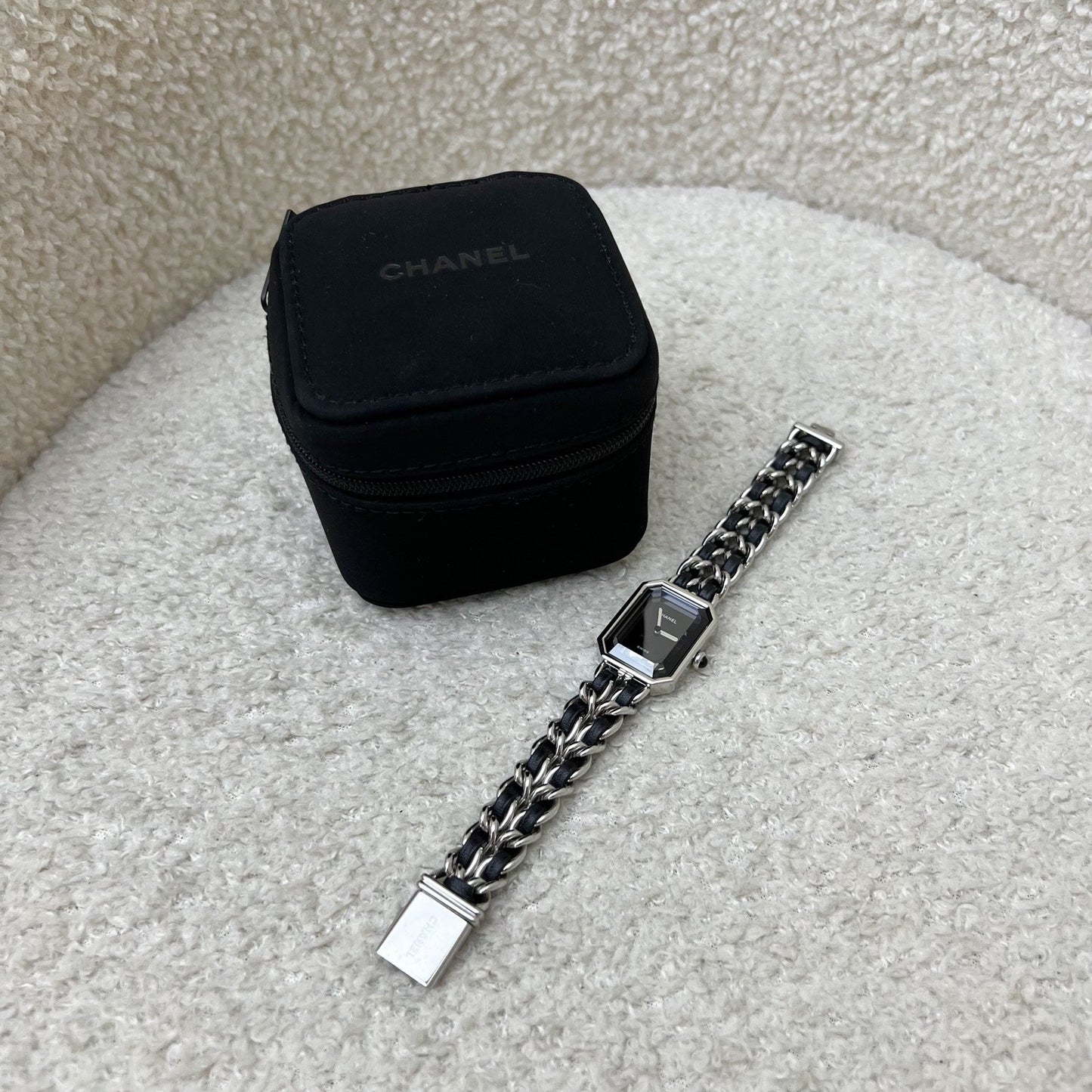 Chanel Premiere Watch in Silver Tone Steel Hardware and Black Leather Size M (Model: H0451)