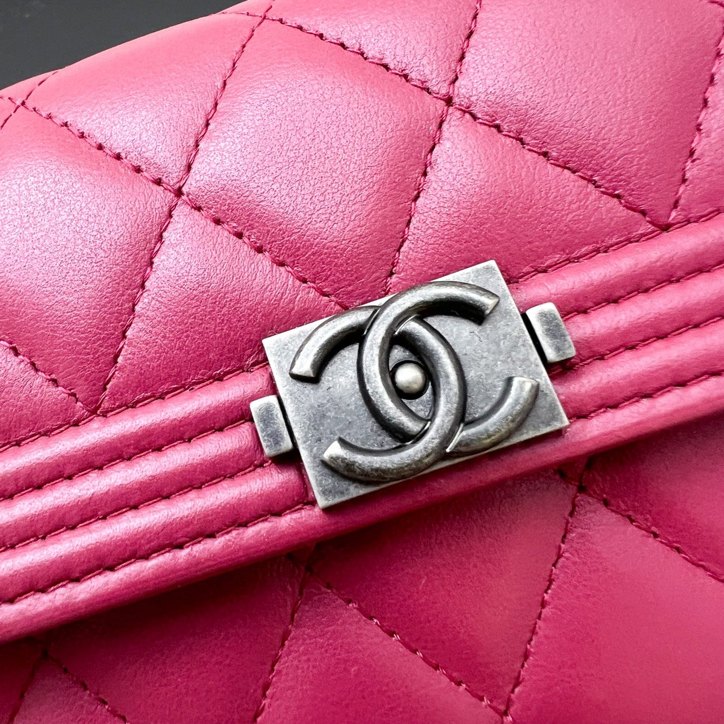 Chanel Boy Mid Length Wallet in Dark Pink Lambskin and RHW