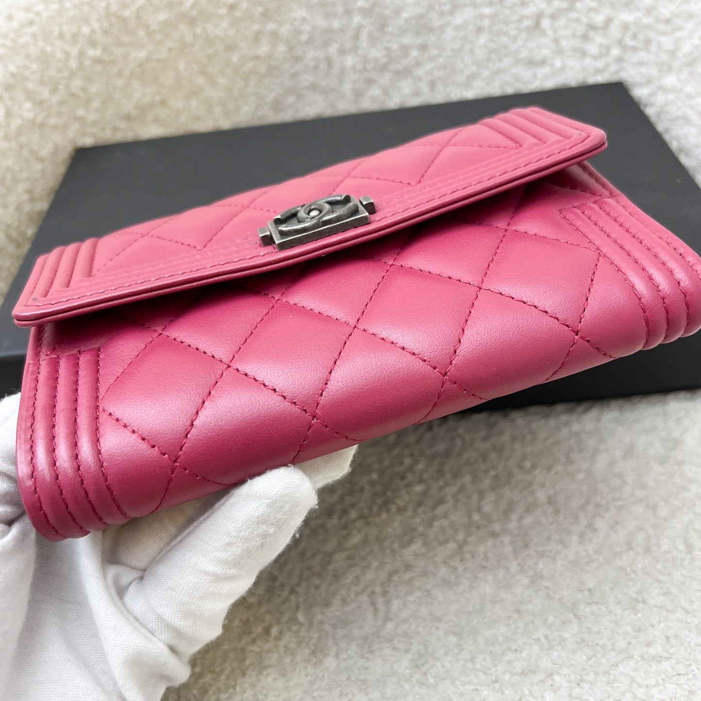 Chanel Boy Mid Length Wallet in Dark Pink Lambskin and RHW