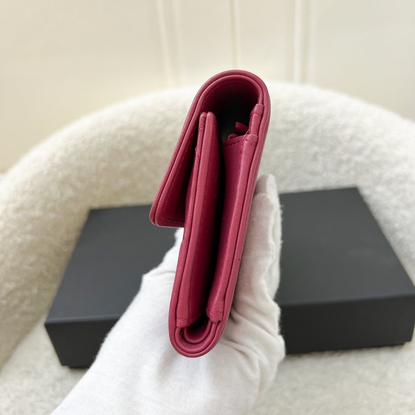 Chanel Boy Mid Length Wallet in Dark Pink Lambskin and RHW