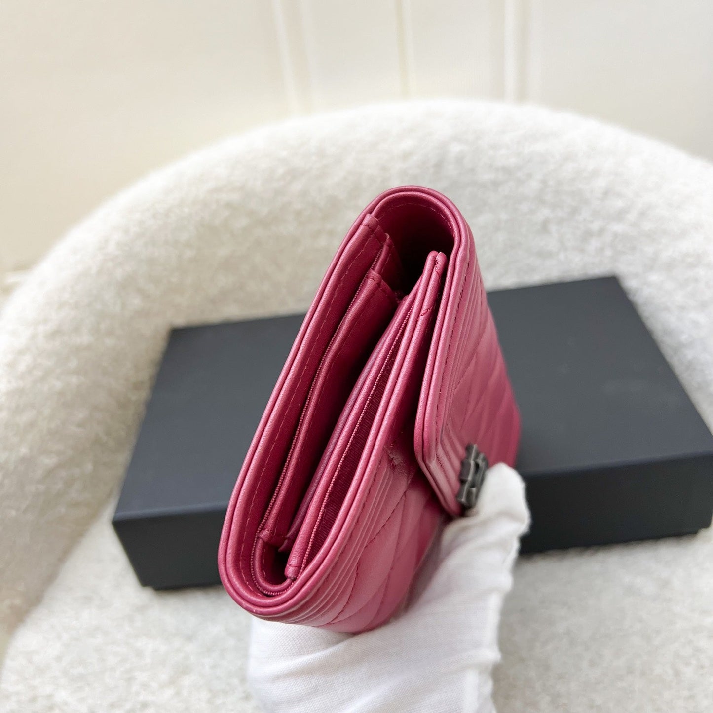 Chanel Boy Mid Length Wallet in Dark Pink Lambskin and RHW