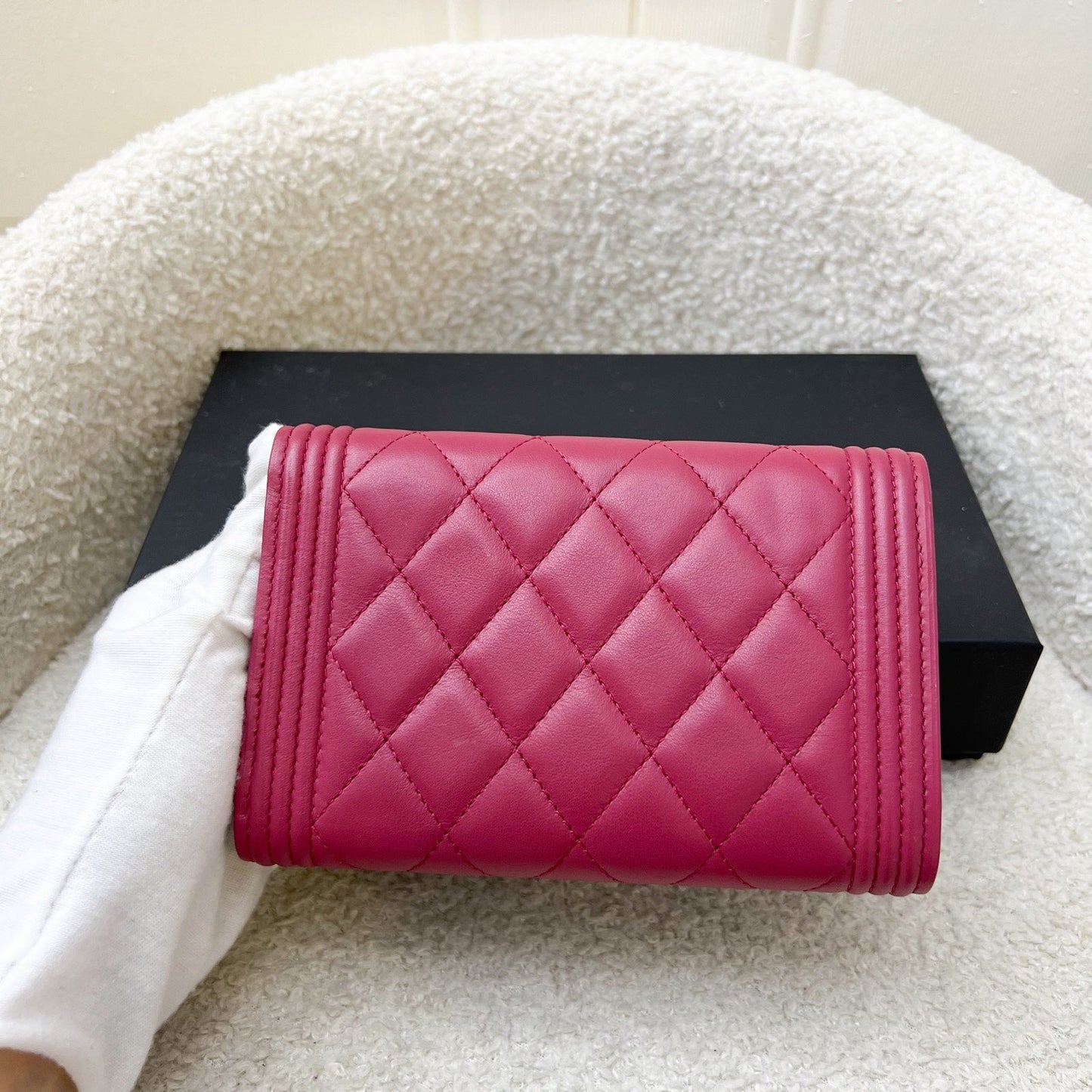Chanel Boy Mid Length Wallet in Dark Pink Lambskin and RHW