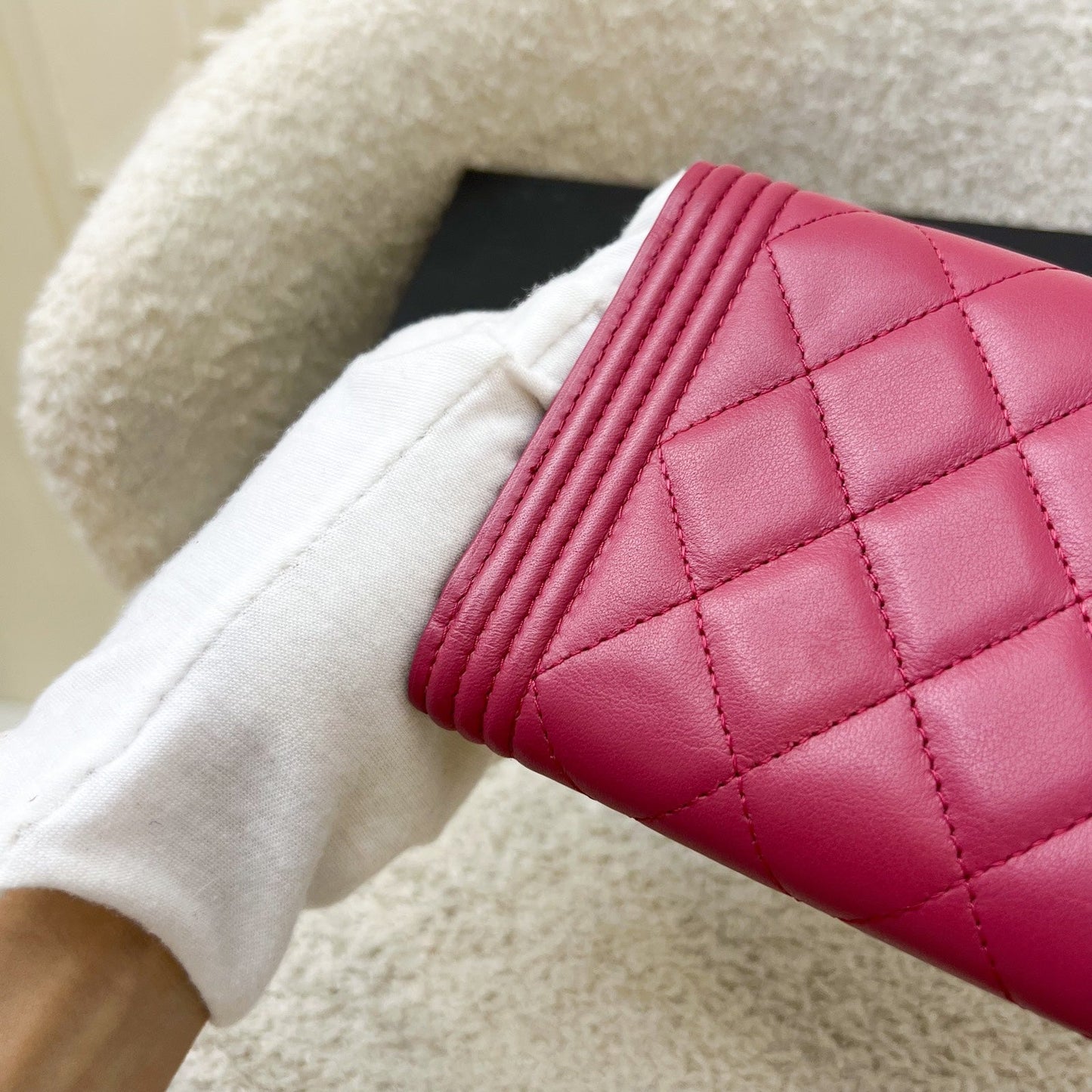 Chanel Boy Mid Length Wallet in Dark Pink Lambskin and RHW