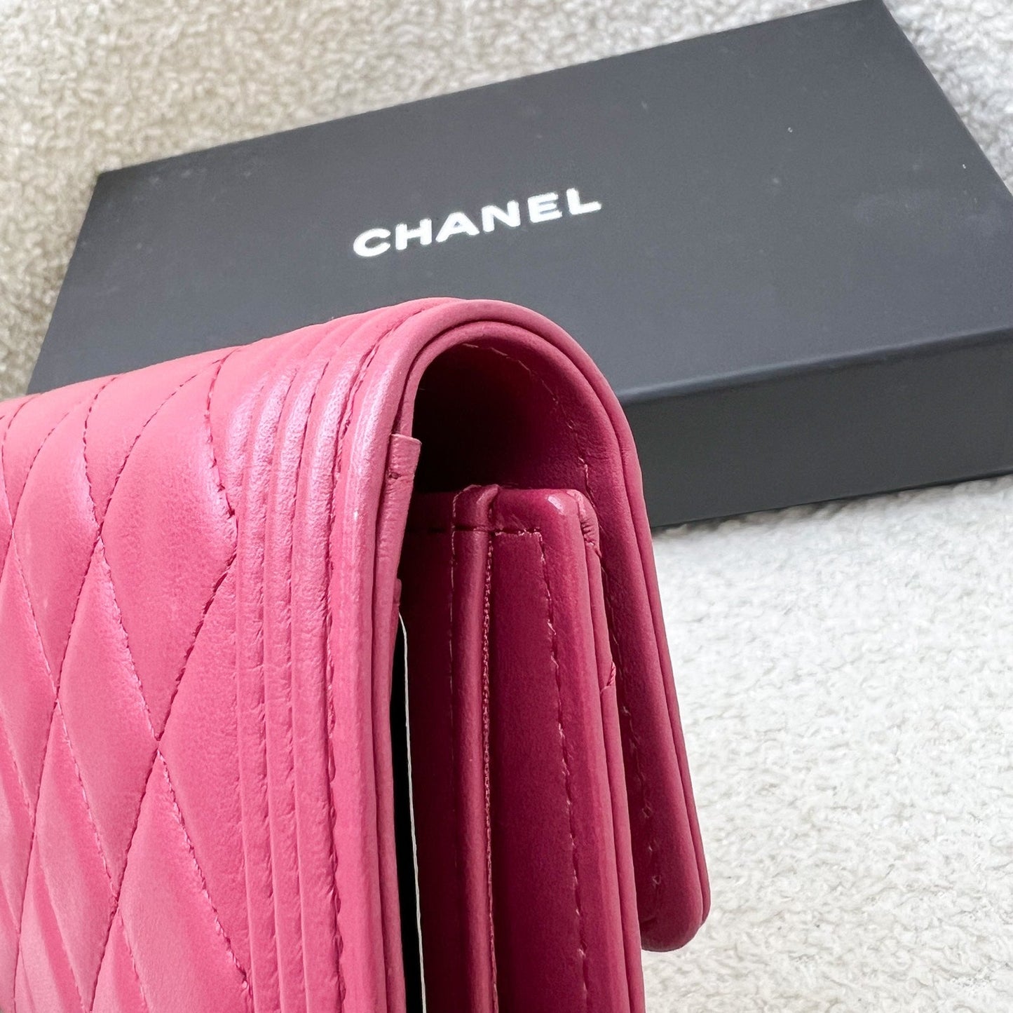 Chanel Boy Mid Length Wallet in Dark Pink Lambskin and RHW