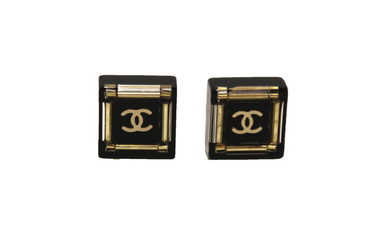 Chanel Black and Gold CC Resin Square Timeless Classic Earrings | Havik Shop.com - Shop Now at Havik Shop.com