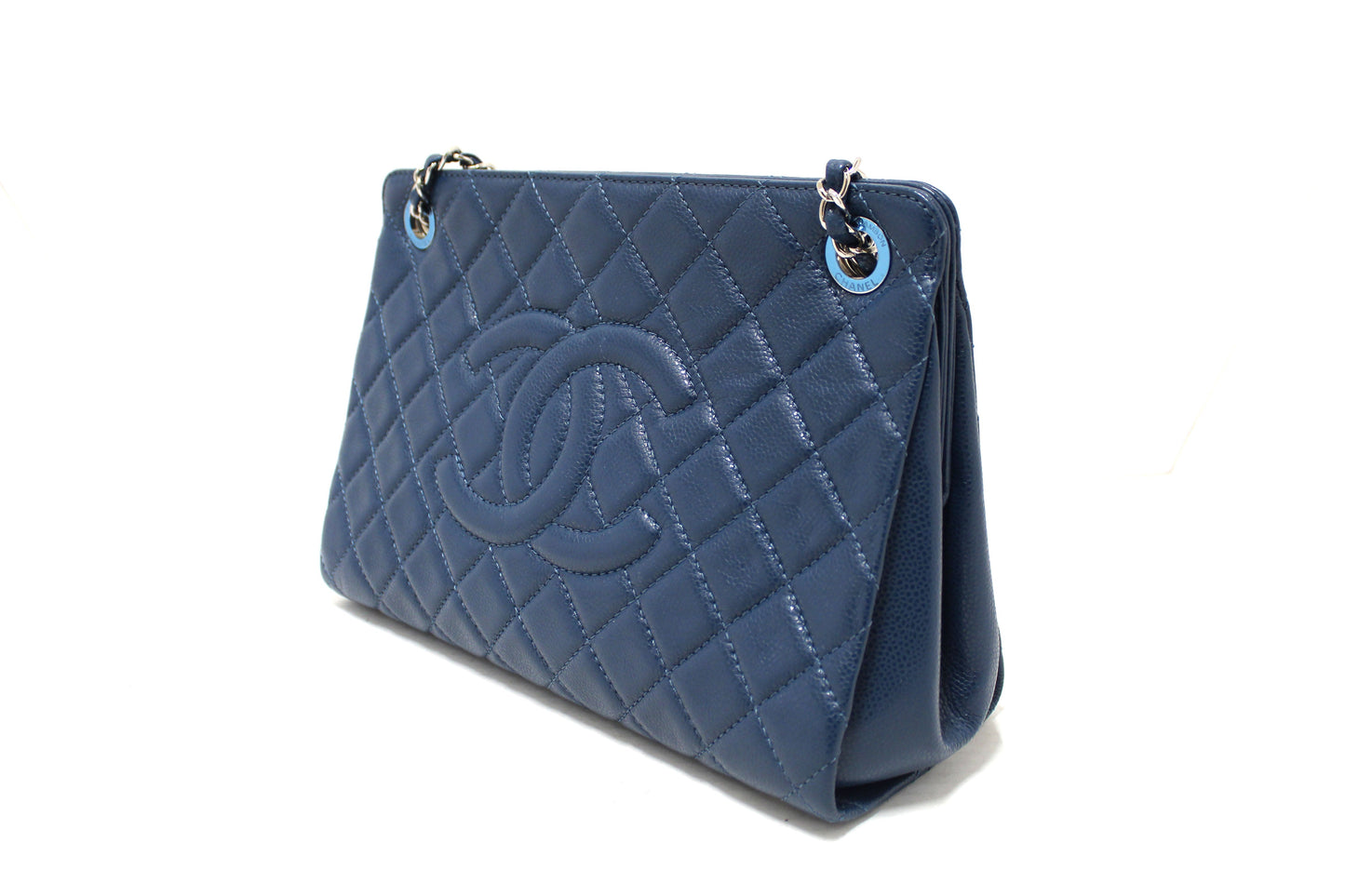 Chanel Quilted Blue Caviar Leather Shopper Shoulder Tote Bag