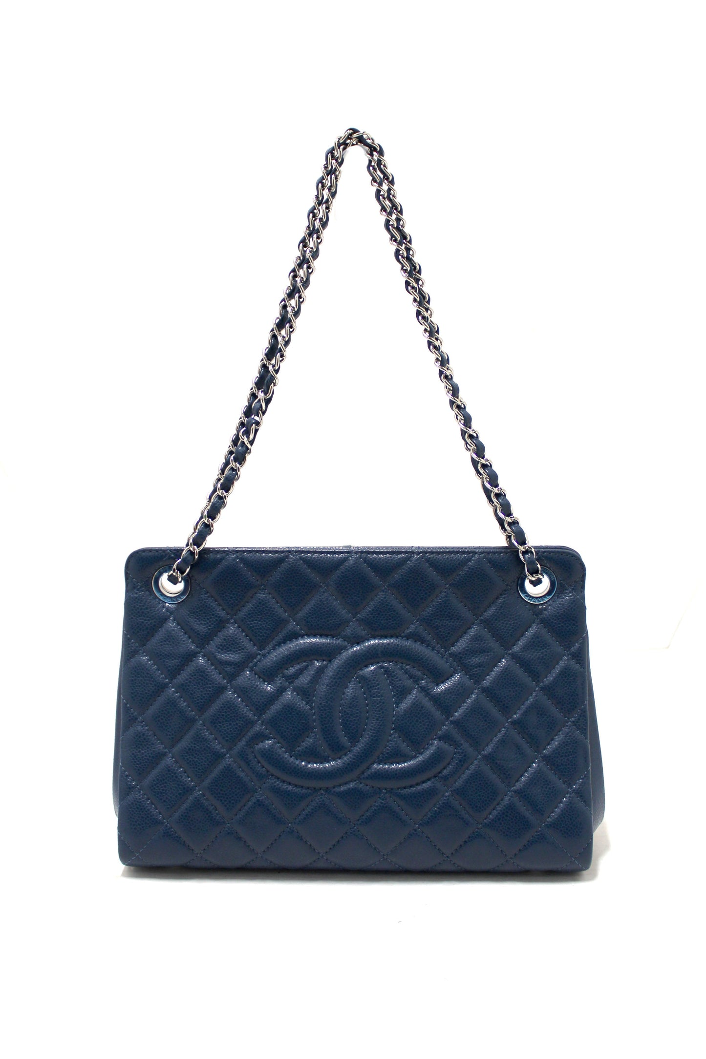 Chanel Quilted Blue Caviar Leather Shopper Shoulder Tote Bag
