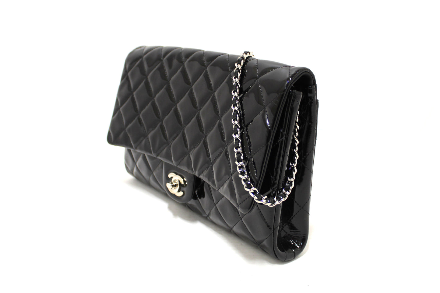 Chanel Classic Quilted Black Patent Leather Flap Shoulder Clutch Bag
