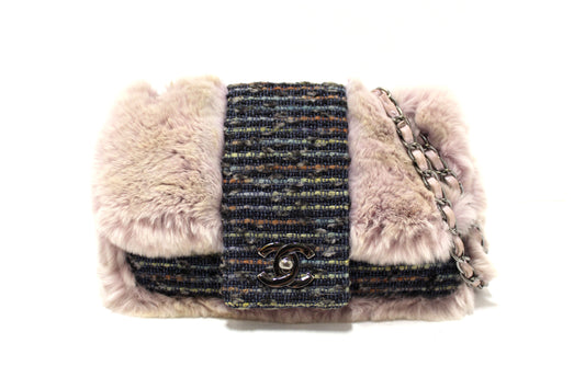 Vintage Chanel Lilac Purple Fur Blue Tweed Flap Cha | Havik Shop.com - Now at Havik Shop.com
