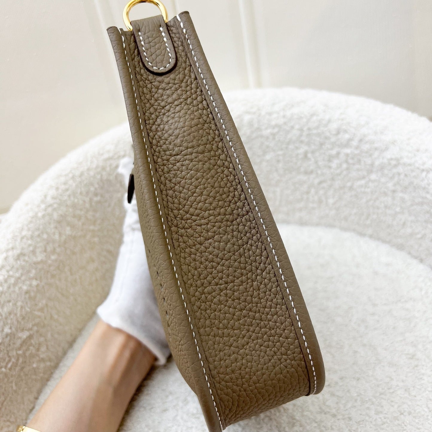 Hermes Mini Evelyne TPM in Etoupe Clemence Leather with Bleu Indigo Strap and GHW