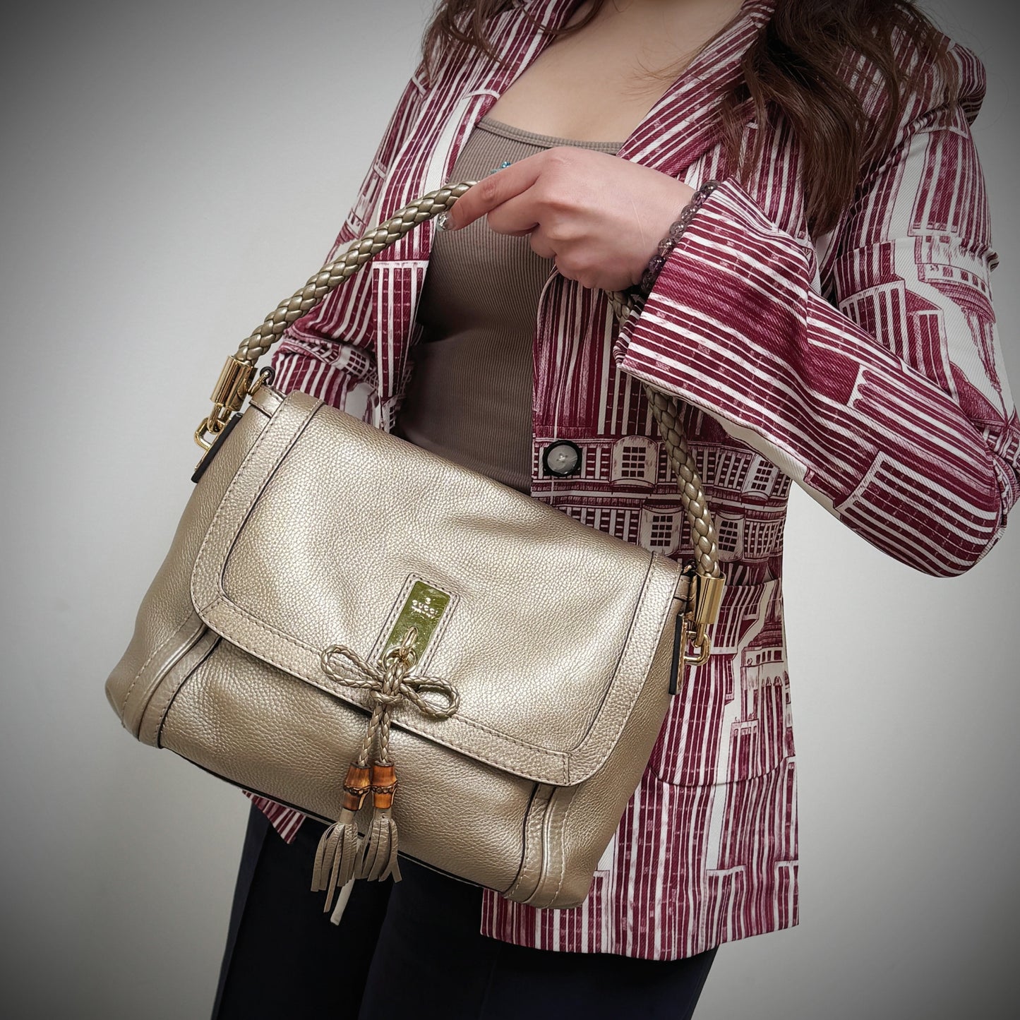 Gucci Gold Leather Braided Handle Bag TWS